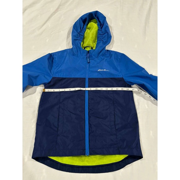 Eddie Bauer Kids Hooded Rain Jacket Blue Navy Green Size S 7 8 Lightweight - Picture 10 of 13